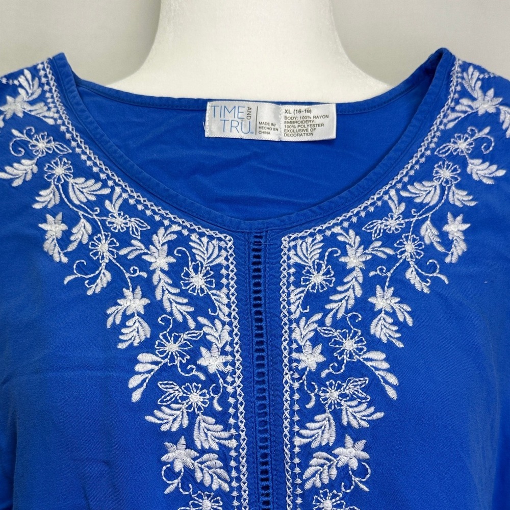 Cobalt Blue Blouse Crush‎ White Embroidered Ruched Side w/Tassels Peasant Boho